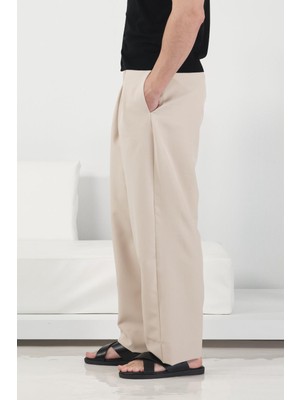 Giesto Çift Pilili Bol Kesim Geniş Paçalı Bej Pantolon