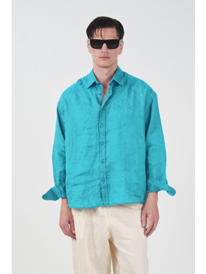 Giesto %100 Keten Oversıze Turkuaz Mavi Gömlek
