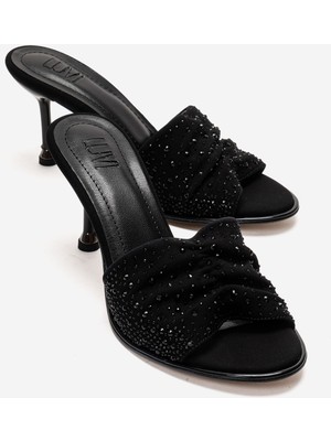 Luvi Karına Siyah Siyah Taşlı Kadın Ince Topuklu Terlik