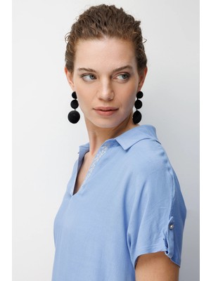 Desen Triko Yakası Nakışlı Düşük Kollu Penye Kadın Bluz 26883