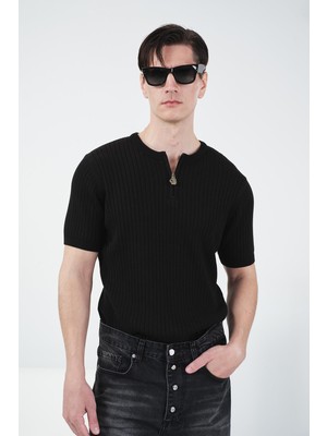 Giesto Dar Kesim Fermuarlı Siyah Triko T-Shırt