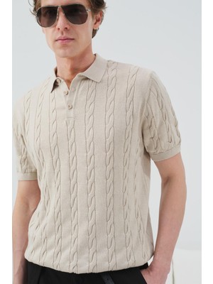 Giesto Dokulu Örgü Desenli Bej Polo Yaka Triko T-Shırt