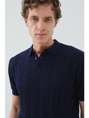 Giesto Dokulu Örgü Desenli Lacivert Polo Yaka Triko T-Shırt