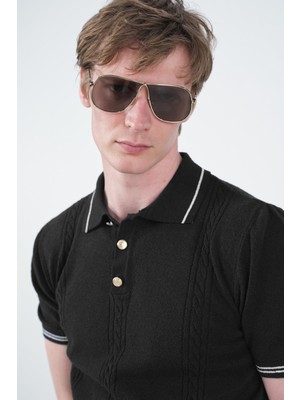 Giesto Gold Düğmeli Dokulu Polo Yaka Siyah Triko T-Shırt
