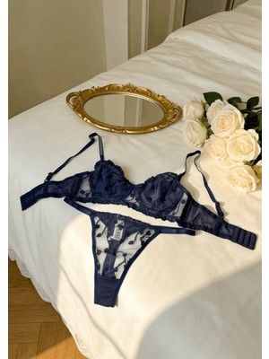 Gece İncisi Lacivert Kalp & Taşlı Balenli Sütyen Takım