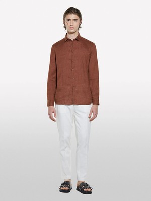 Sisley %100 Keten Regular Fit Gömlek Erkek Kahverengi Gömlek - 325P5BKUSQ029