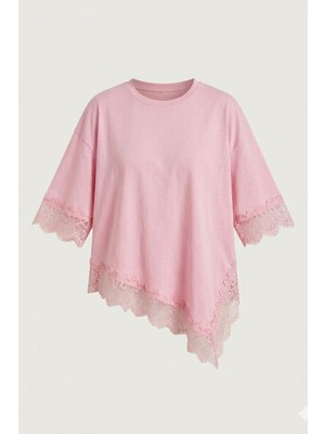Magarde Premium Dantelli Bisiklet Yaka Bluz- Pembe