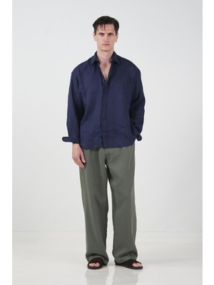 Giesto %100 Keten Oversıze Lacivert Gömlek