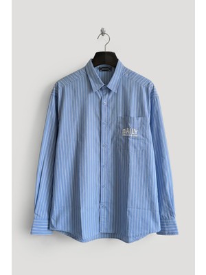 Giesto Çizgili Nakışlı Açık Mavi Gömlek
