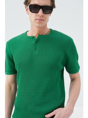 Giesto Dokulu Bisiklet Yaka Yeşil Triko T-Shırt