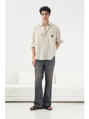 Giesto Nakış ve Cep Detaylı Çizgili Bej Keten Gömlek