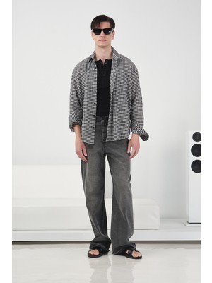 Giesto Kare Desenli Uzun Kollu Siyah Gömlek