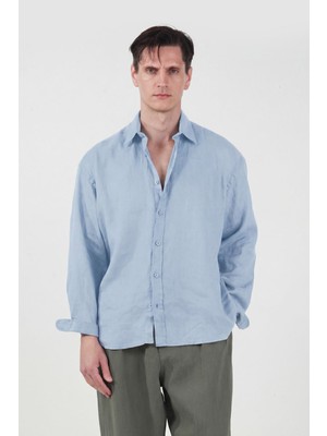 Giesto %100 Keten Oversıze Mavi Gömlek