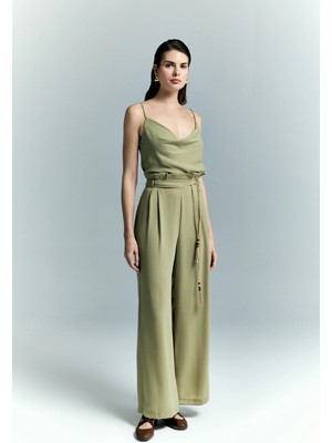 Sateen Kemer Detaylı Pantolon - Haki