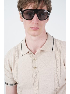 Giesto Gold Düğmeli Dokulu Polo Yaka Bej Triko T-Shırt