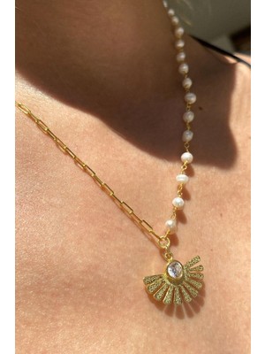 Spossy Silver Jewelry Yarısı Incili Yarısı Zincir Yelpaze Tasarım Kolye