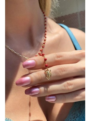 Spossy Silver Jewelry Yarı Zincir, Yarı Mercan  Doğal Taşlı Akrep Y Kolye