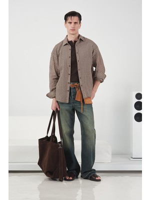 Giesto Kare Desenli Uzun Kollu Kahverengi Gömlek