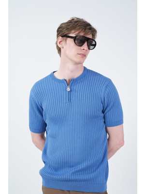 Giesto Dar Kesim Fermuarlı Mavi Triko T-Shırt