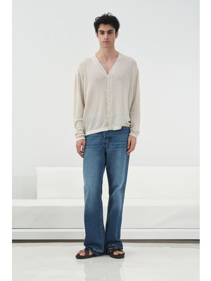 Giesto Hafif Ince Örgülü Ekru Triko Hırka