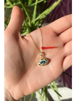 Spossy Silver Jewelry Oval Nazar Cam Göz Ip Detaylı Kolye