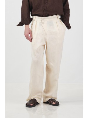 Giesto Dökümlü Çift Düğmeli Bej Keten Pantolon