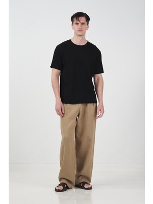 Giesto Dökümlü Siyah Keten Triko T-Shırt