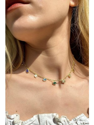 Spossy Silver Jewelry Renkli Baget Taşlı Choker Kolye