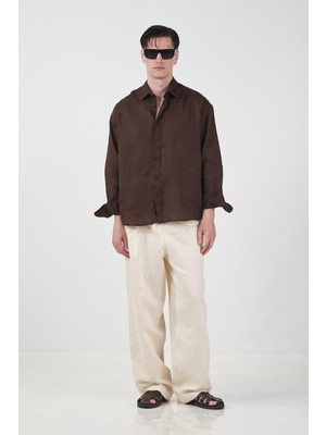 Giesto %100 Keten Oversıze Kahverengi Gömlek