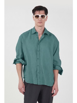 Giesto %100 Keten Oversıze Zümrüt Yeşil Gömlek
