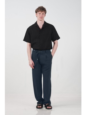 Giesto Dokulu Ince Kemerli Lacivert Pilili Pantolon