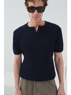 Giesto Dokulu Bisiklet Yaka Lacivert Triko T-Shırt