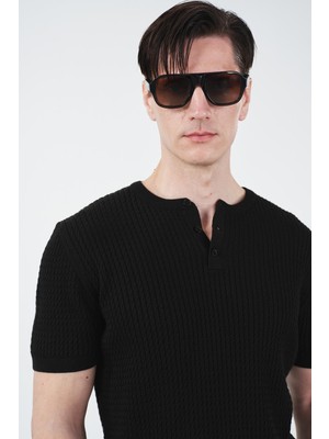 Giesto Dokulu Bisiklet Yaka Siyah Triko T-Shırt