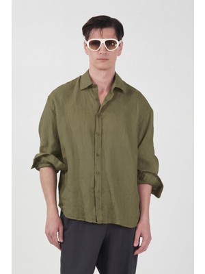 Giesto %100 Keten Oversıze Haki Gömlek