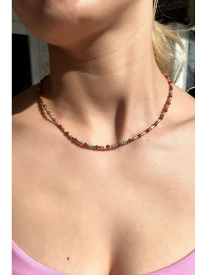 Spossy Silver Jewelry Doğal Taşlı, Araları Kırmızı Akik ve Firuze Taşlı Choker Kolye