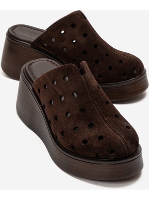 Luvi Nıves Kahverengi Süet Hakiki Deri Delikli Kadın Dolgu Topuklu Terlik