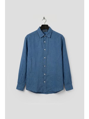 Giesto Oversıze Dökümlü Indıgo Keten Gömlek