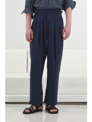 Giesto Çift Kemer Detaylı Pilili Lacivert Modal Pantolon
