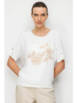 Desen Triko Sıfır Yaka Önü Nakışlı Penye Kadın Bluz 26878