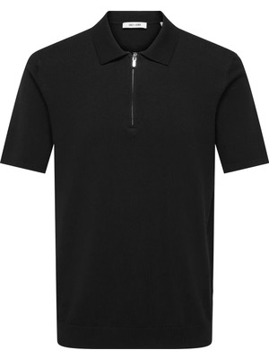 Only & Sons Erkek Yarım Fermuarlı Siyah T-Shirt - 22028606