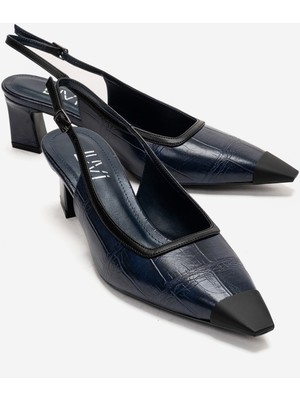 Luvi Hılda Lacivert Baskı Mat Burunlu Kadın Blok Topuklu Ayakkabı