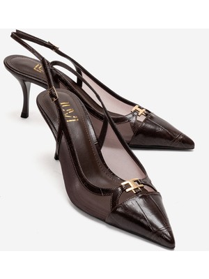 Luvi Orella Kahverengi Baskı Tokalı Fileli Kadın Topuklu Ayakkabı