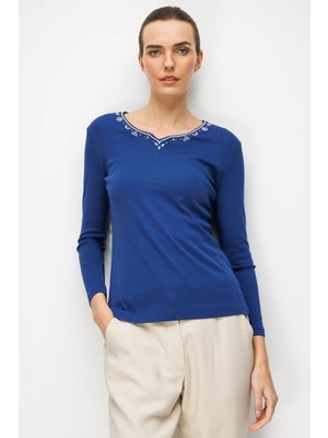 Desen Triko Sıfır Yaka Yakası ve Kolu Işlemeli Pamuklu Penye Kadın Bluz 26807