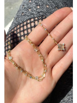 Spossy Silver Jewelry Yarı Zincir, Yarı Ay Taşı Doğal Taşlı Y Kolye