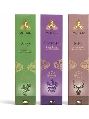 Mahur 3’lü Tütsü Seti – Lavanta, Misk, Adaçayı 20’li Tütsü Çubukları