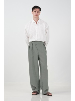 Giesto Dökümlü Çift Düğmeli Haki Keten Pantolon