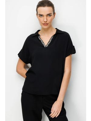 Desen Triko Yakası Nakışlı Düşük Kollu Penye Kadın Bluz 26883