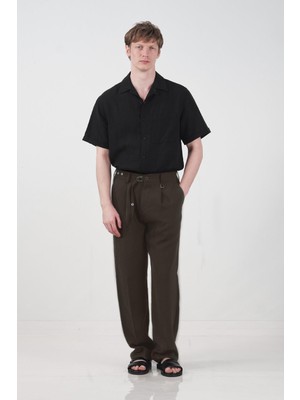 Giesto Dokulu Ince Kemerli Kahverengi Pilili Pantolon