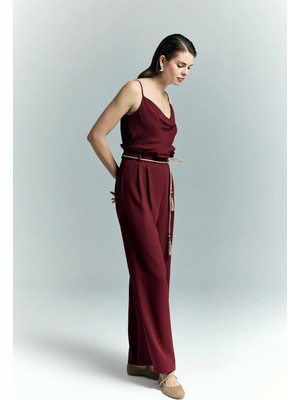 Sateen Kemer Detaylı Pantolon - Bordo