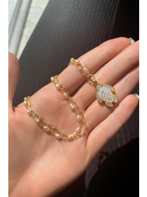 Spossy Silver Jewelry Yarı Zincir, Yarı Gerçek Inci Sedef Taşlı Kaplumbağa Kolye